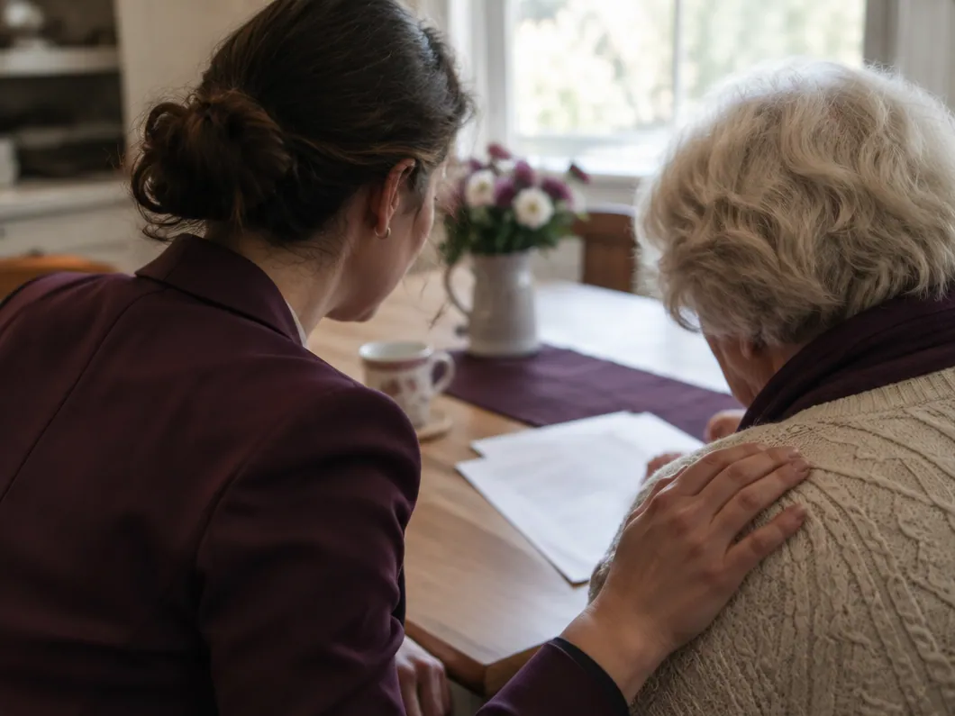 An advocate reviewing paperwork with an elderly woman at her kitchen table
