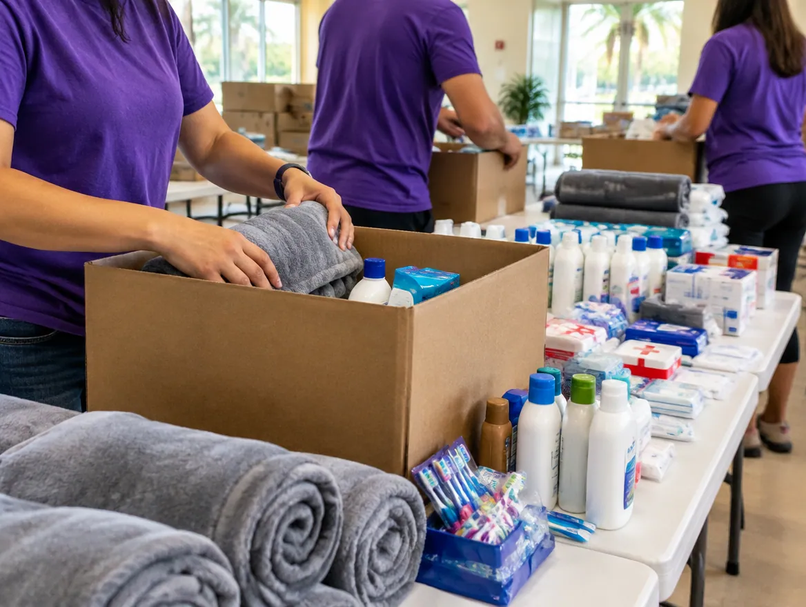 Volunteers packing care boxes with blankets and medical essentials