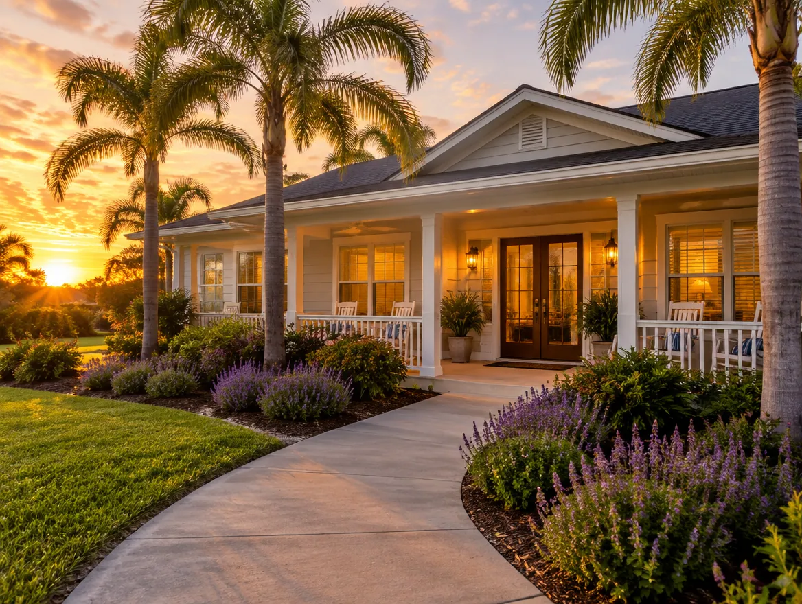 A welcoming single-story Florida home with a porch, palms and lavender at sunset